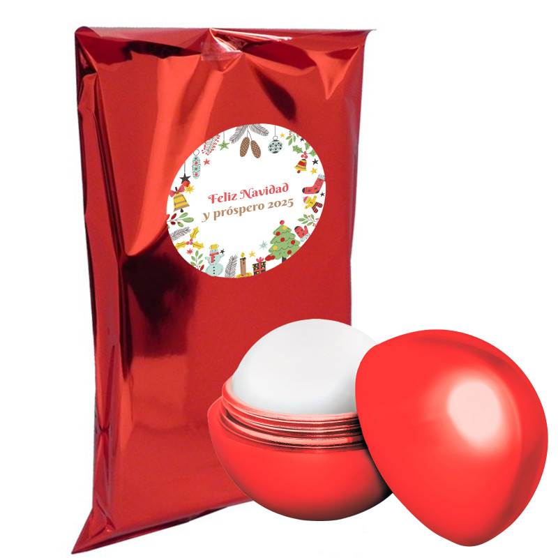 Bálsamo labial rojo esférico en bolsa metalizada y adhesivo personalizado para navidad