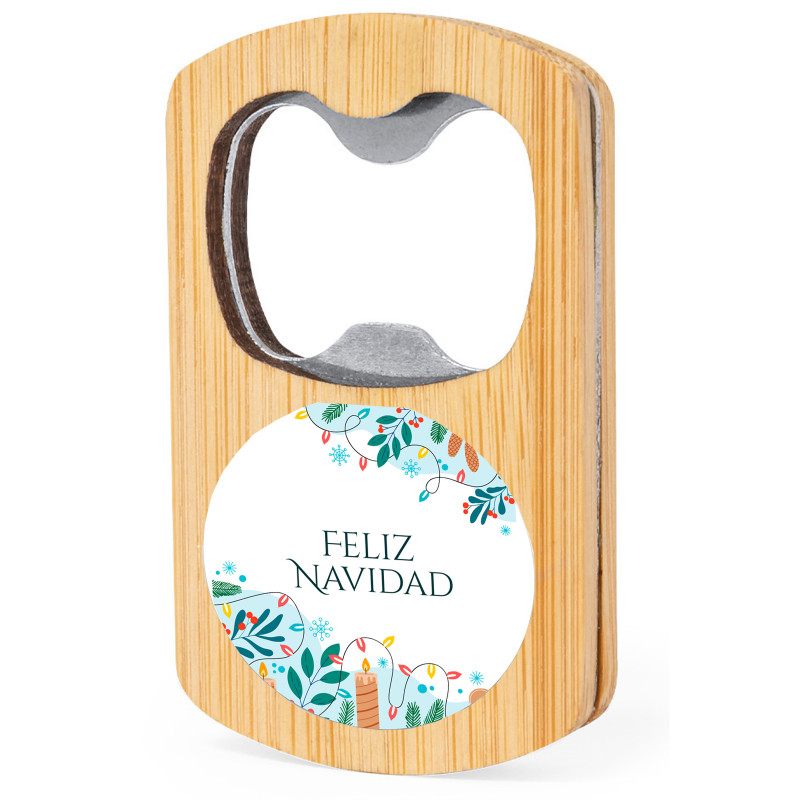 Abridor abrebotellas de bambú con adhesivo de navidad personalizable