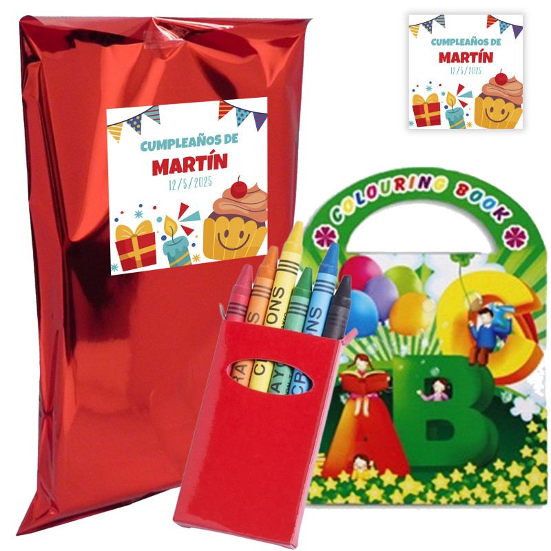 Detalles Cumpleaños para Niños Libro para Colorear con Estuche de Ceras en Bolsa Personalizada