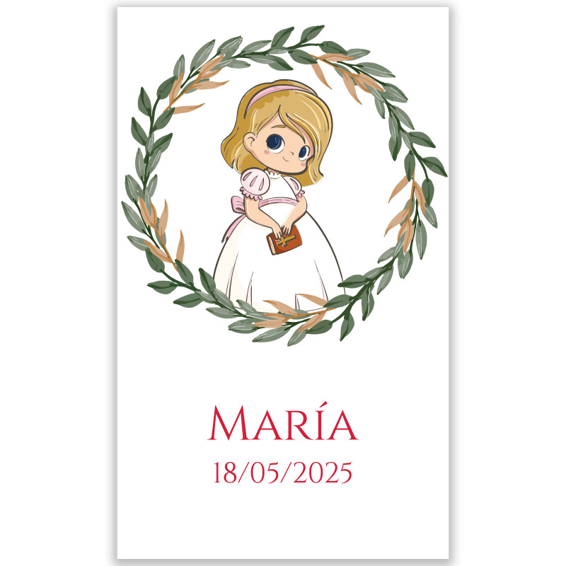 Adhesivo 3x5 cm niña de comunión niña con corona herbal