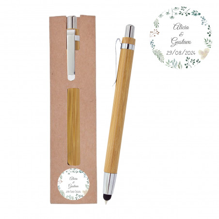 Detalles de Boda Bolígrafo de Bambú con Puntero y Adhesivo Personalizado