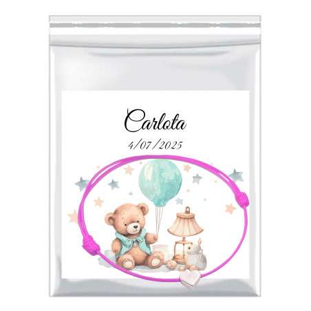 Pulsera de corazón de hilo rosa con tarjeta personalizada para bautizo en bolsa de presentación