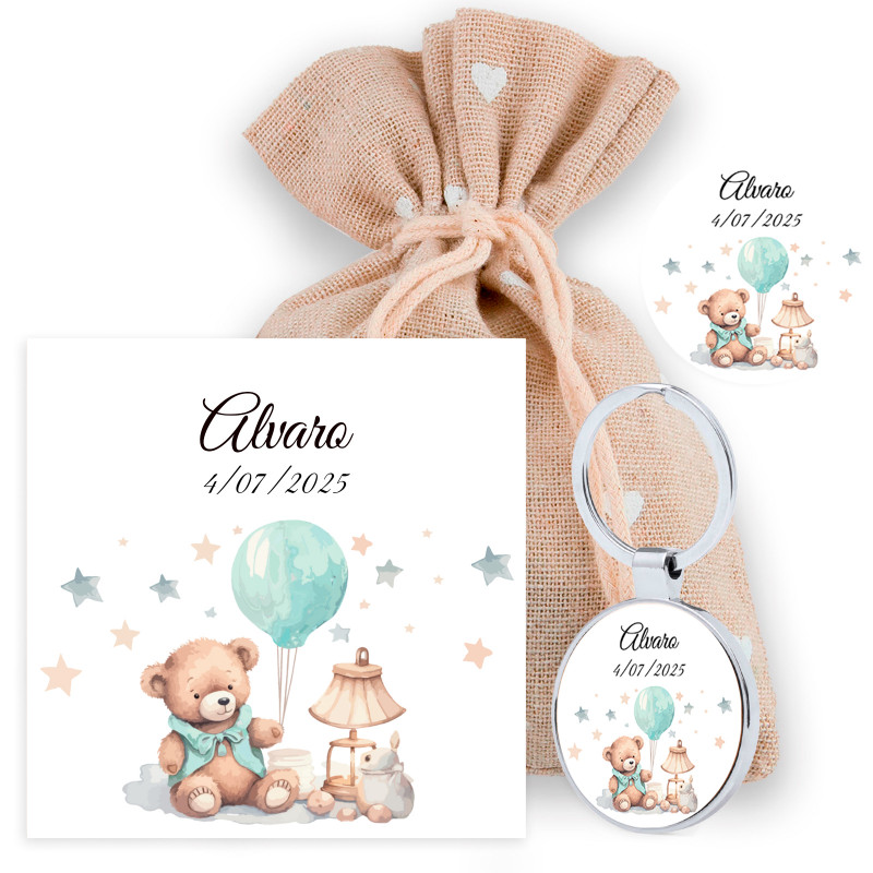 Llavero personalizado con tarjeta de recuerdo en bolsa de tela para bautizo