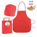 Delantal y gorro de cocina infantil rojos en bolsa de papel con adhesivo personalizado para cumpleaños