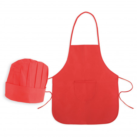 Delantal y gorro de cocina infantil rojos en bolsa de papel con adhesivo personalizado para cumpleaños