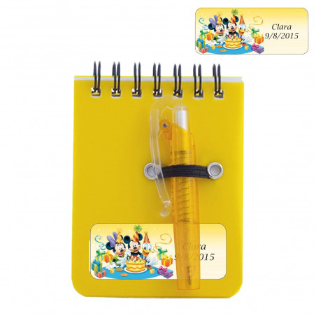Libreta con bolígrafo personalizada con adhesivo de mickey y amigos para cumpleaños