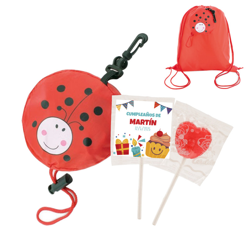 Mochila Plegable De Mariquita Y Piruleta Con Adhesivo