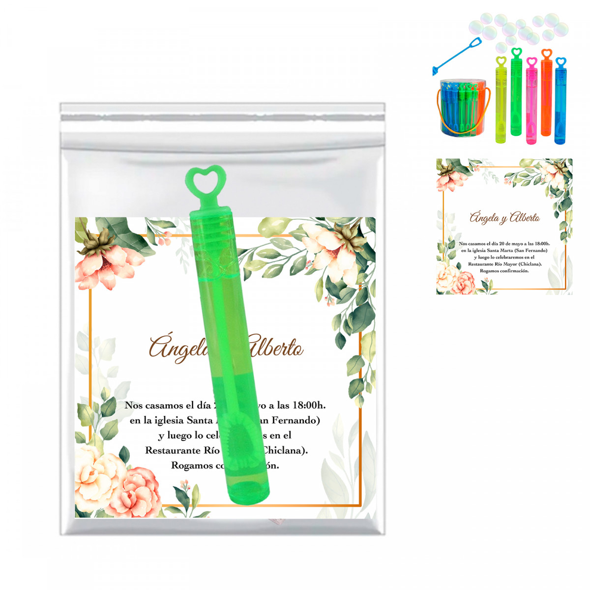 Minipompero con tapón de corazón y tarjeta personalizable en bolsa transparente para bodas