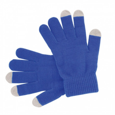 Guantes táctil azul en bolsa metalizada con adhesivo personalizable y editable