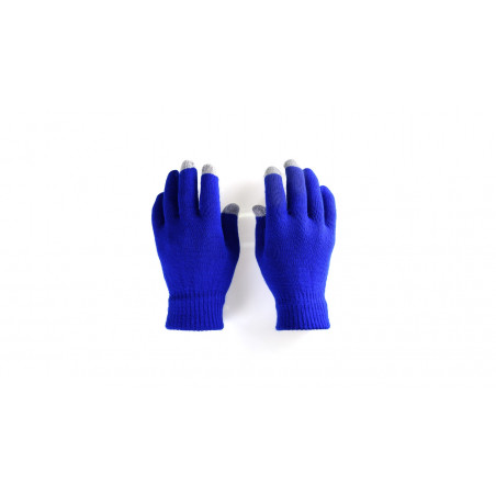 Guantes táctil azul en bolsa metalizada con adhesivo personalizable y editable