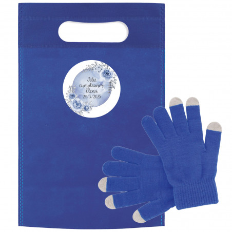 Guantes táctil azul en bolsa metalizada con adhesivo personalizable y editable