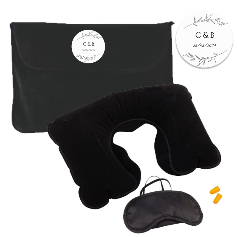 Set de viaje en color negro con adhesivo minimalista personalizable para bodas