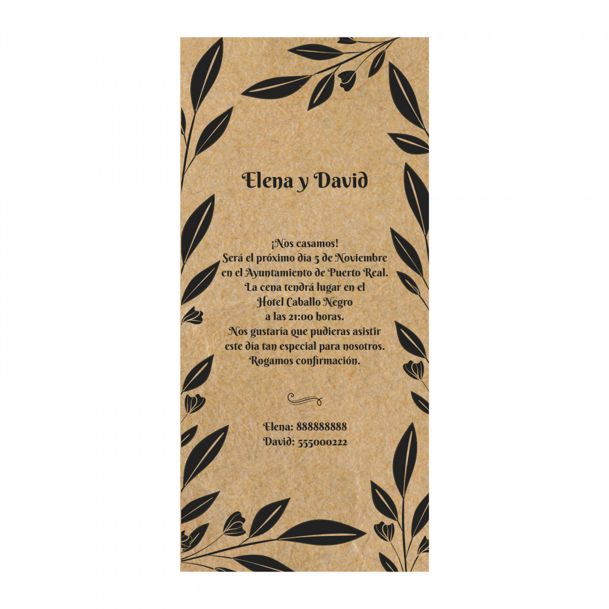 Invitación de boda tarjeta vertical con diseño de plantas impresa en papel kraft