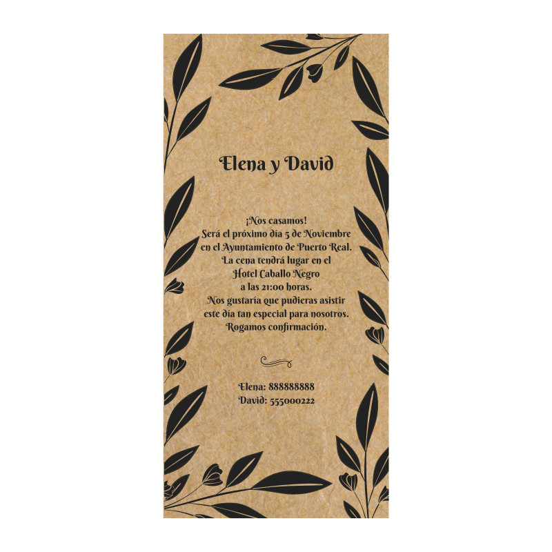 Invitación de boda tarjeta vertical con diseño de plantas impresa en papel kraft