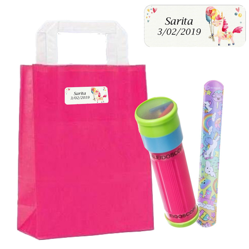 Caleidoscopio Y Brazalete De Unicornio En Bolsa De Papel Rosa