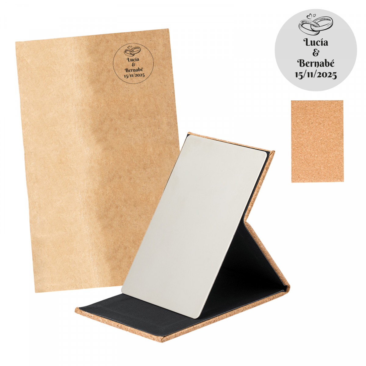 Espejo plegable de corcho en bolsa kraft personalizada con adhesivo transparente redondo para boda