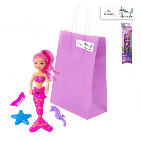 Muñeca sirena con accesorios en bolsa violeta con adhesivo de unicornio para invitados