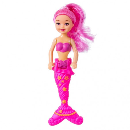 Muñeca sirena con accesorios en bolsa violeta con adhesivo de unicornio para invitados