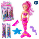 Muñeca sirena con accesorios en bolsa violeta con adhesivo de unicornio para invitados