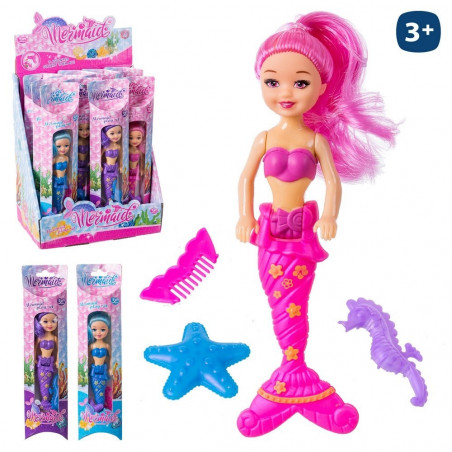 Muñeca sirena con accesorios en bolsa violeta con adhesivo de unicornio para invitados