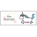 Muñeca sirena con accesorios en bolsa violeta con adhesivo de unicornio para invitados