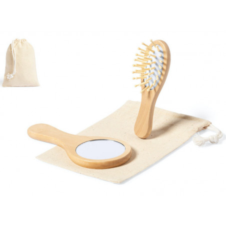 Espejo de mano y cepillo de madera en bolsa de algodón con tarjeta personalizada para bodas