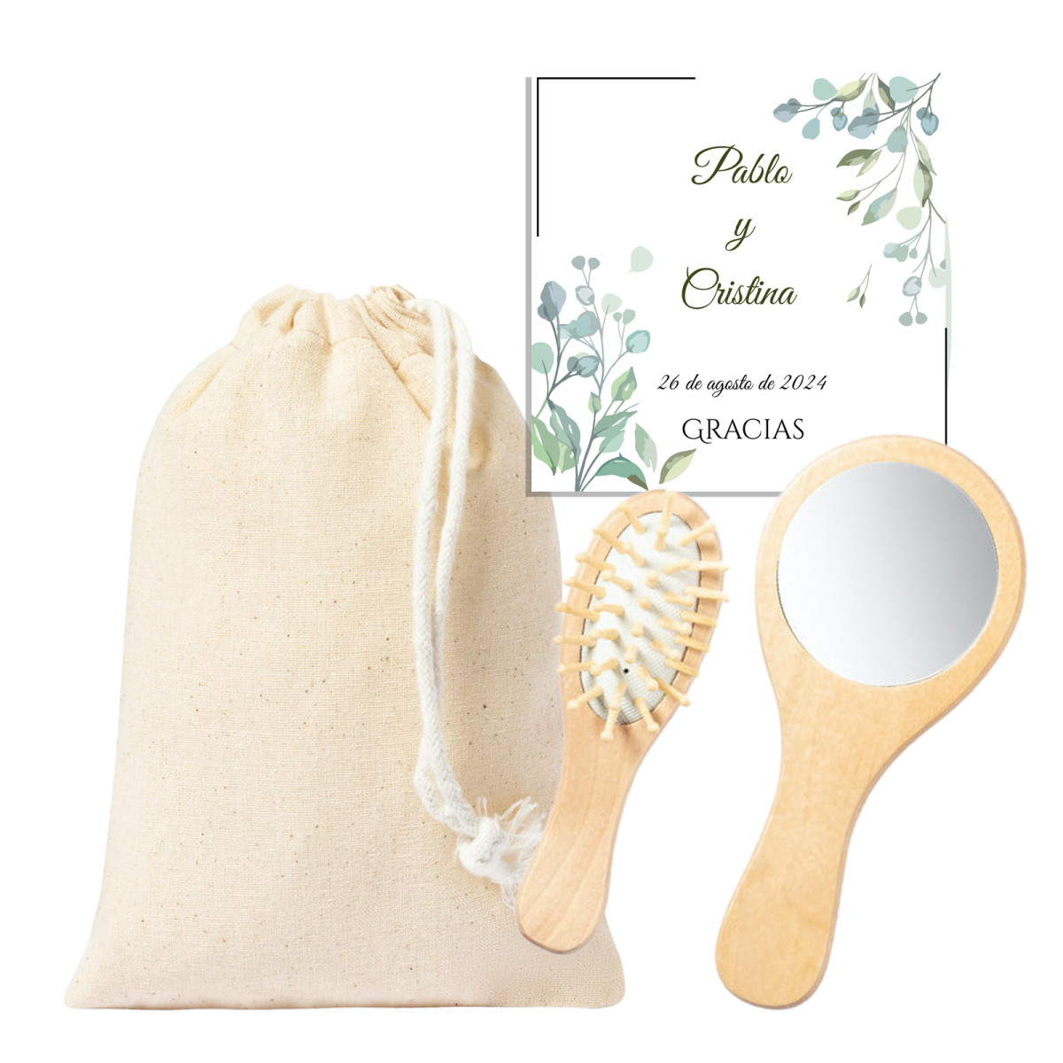 Espejo de mano y cepillo de madera en bolsa de algodón con tarjeta personalizada para bodas