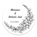 Adhesivo redondo 3cm personalizable de flores blanco y negro para bodas