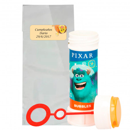 Pompero personajes pixar en bolsa transparente con adhesivo personalizado como detalle para cumpleaños