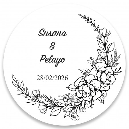 Adhesivo redondo 5cm personalizable de flores blanco y negro para bodas