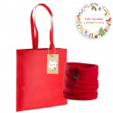Braga polar roja en bolsa de asas largas con etiqueta personalizada con adhesivo de navidad