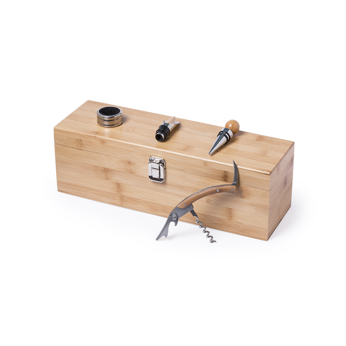 Sacacorchos cortacápsulas tapón dosificador y recogegotas en caja de madera para botella de vino