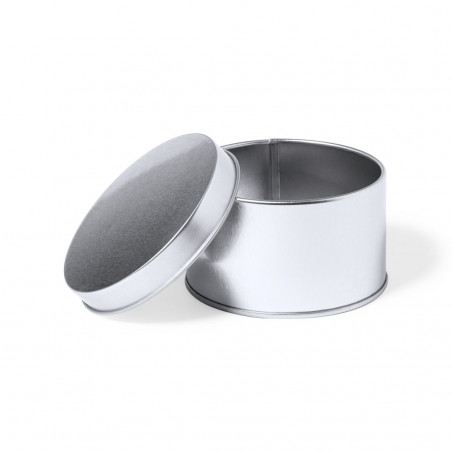 Caja de presentación redonda metálica plateada