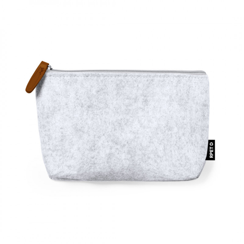 Portatodo de fieltro gris con cremallera y tirador de polipiel para regalar