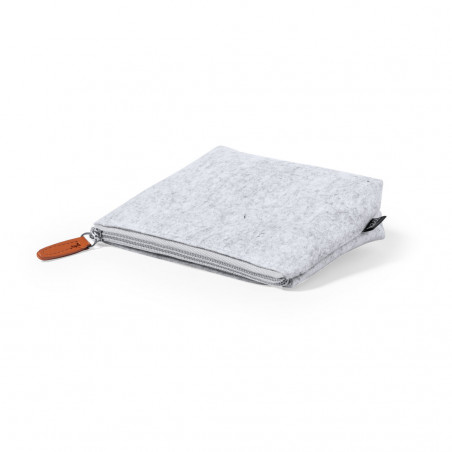 Portatodo de fieltro gris con cremallera y tirador de polipiel para regalar