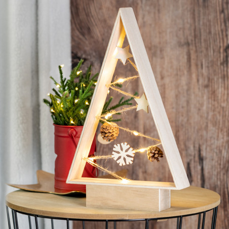 árbol de navidad de mesa de madera pequeño y decorado