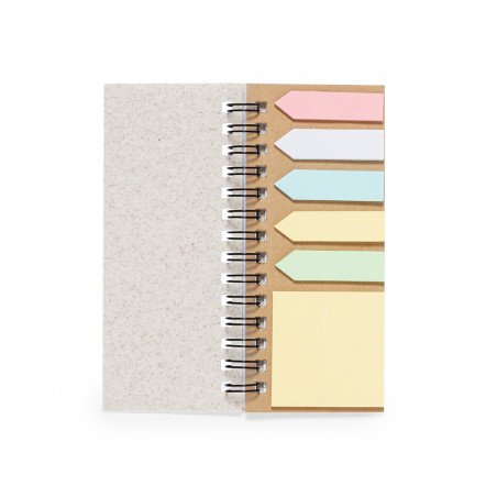 Bloc de notas con hojas blancas a rayas y post it