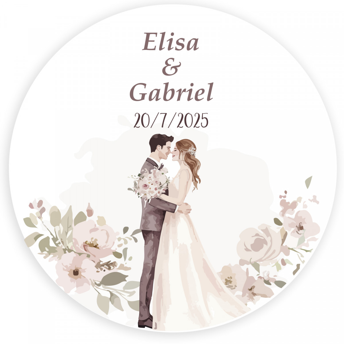 Adhesivo Personalizado 5Cm Novios Besándose Rodeados De Flores