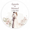 Adhesivo personalizado 3cm novios besándose rodeados de flores para bodas