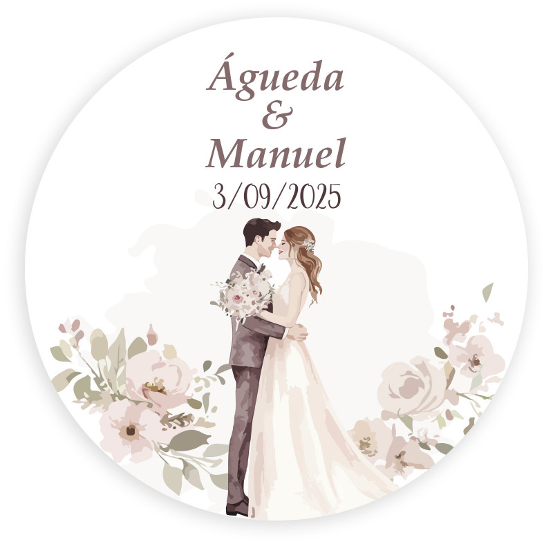 Adhesivo Personalizado 3Cm Novios Besándose Rodeados De Flores