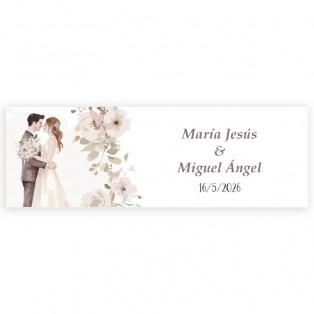 Adhesivo personalizado romántico 6x2cm flores y novios besándose para bodas