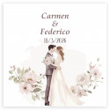 Adhesivo personalizado romántico 5x5cm flores y novios besándose para bodas