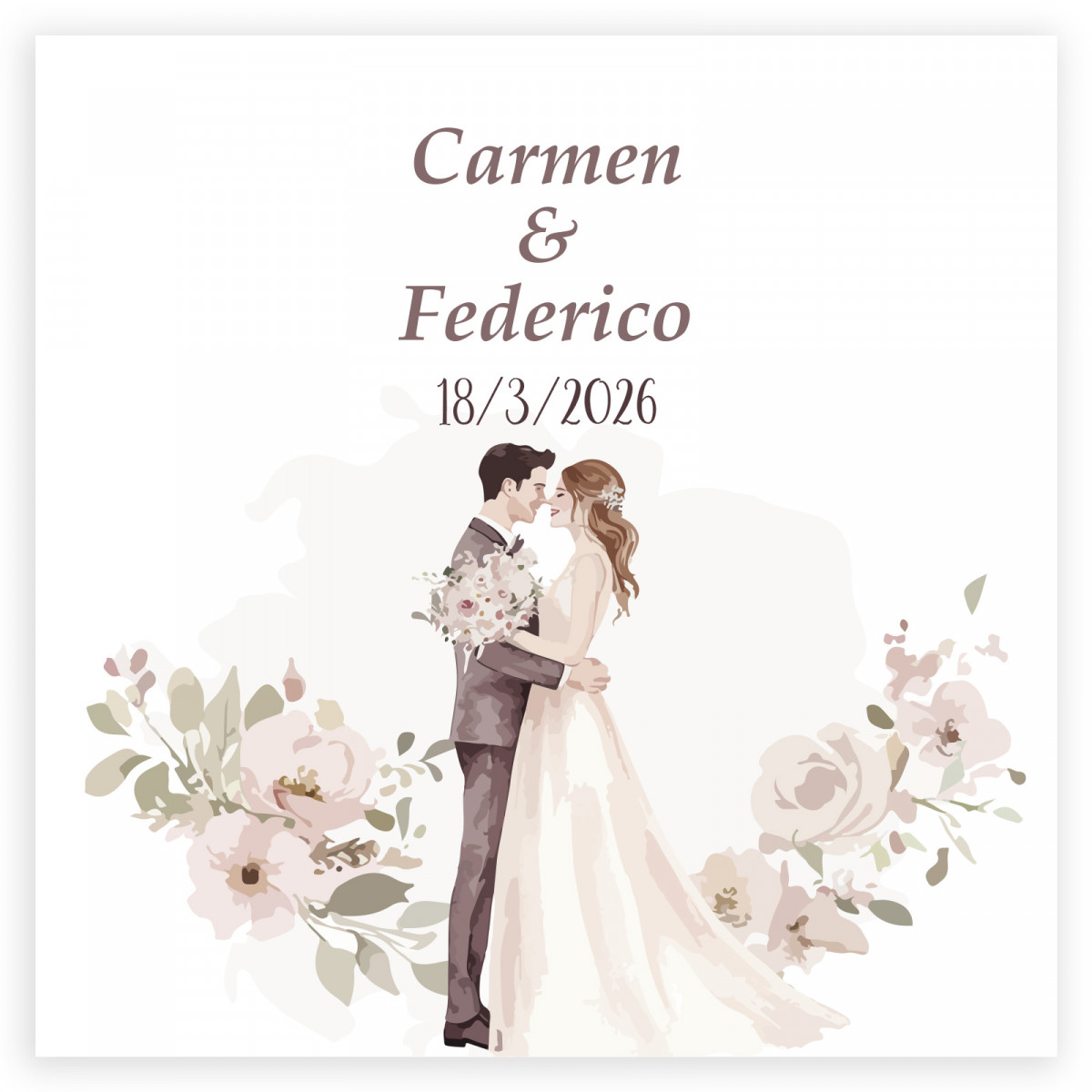 Adhesivo personalizado romántico 5x5cm flores y novios besándose para bodas