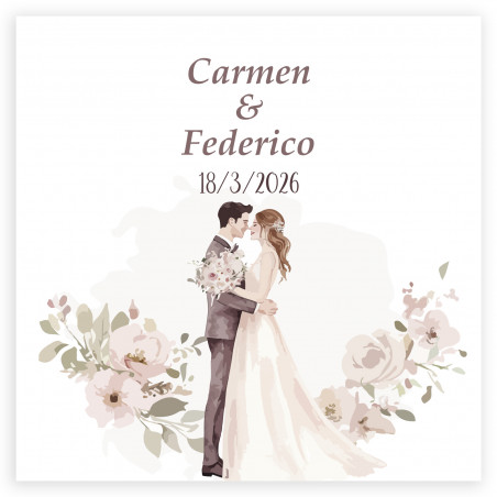 Adhesivo personalizado romántico 5x5cm flores y novios besándose para bodas