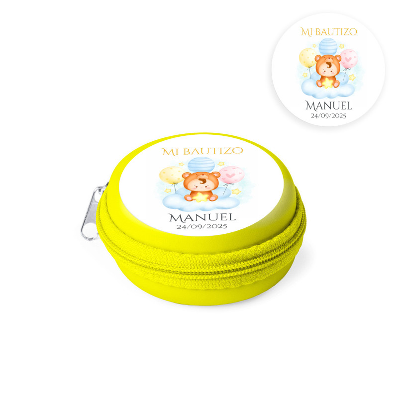 Monedero infantil amarillo personalizado con adhesivo para detalle de bautizo