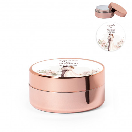 Bálsamo labial oro rosa con tapa personalizada para detalles de boda