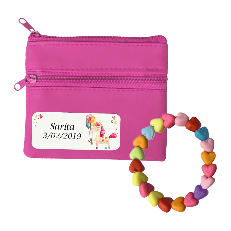 Pulsera infantil y monedero fucsia personalizado con adhesivo de unicornio para detalles