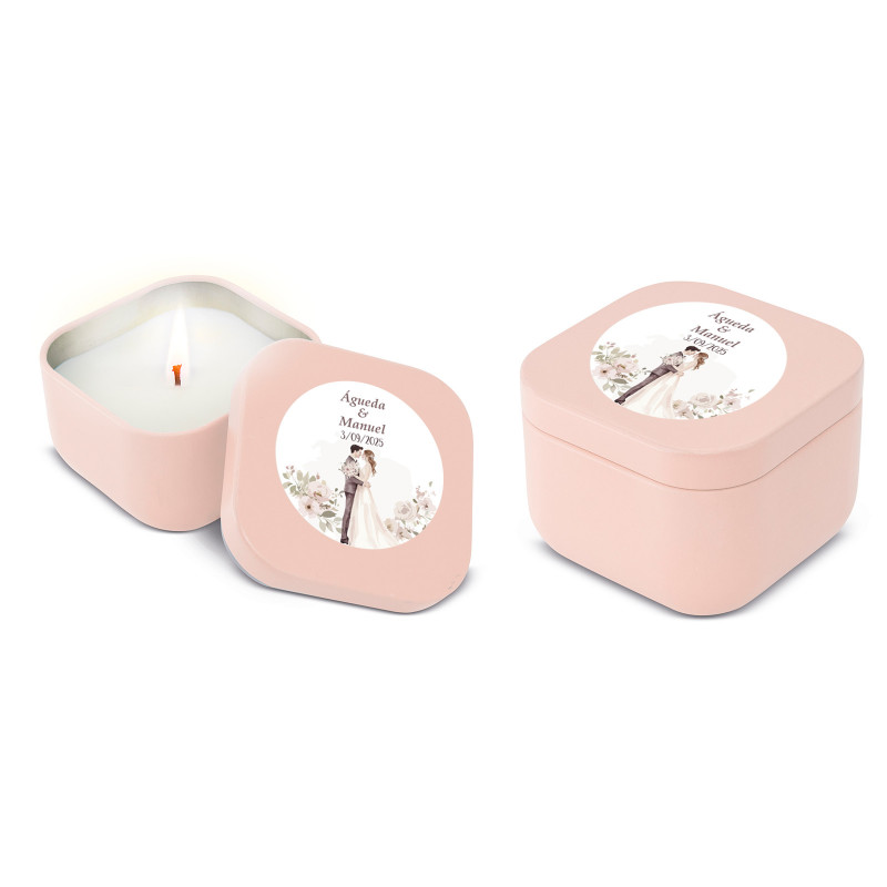 Vela aromática en caja rosa personalizada para detalles de bodas