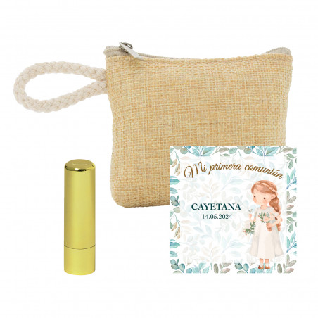 Bálsamo labial en barra con monedero y tarjeta para detalles de comunión de niña