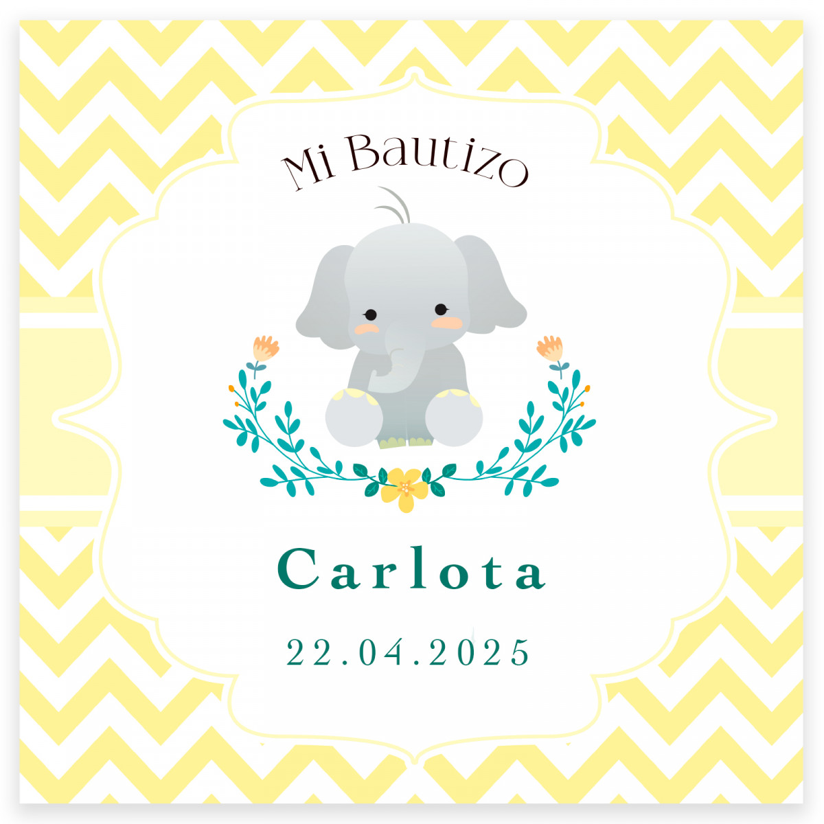 Tarjeta 8x8cm diseño elefante personalizable para bautizos